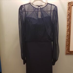 Navy blue formal dress with mesh overlay.